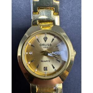 Vtg Oruss 1853 Woman's Luxury Rhinestone Quartz Watch Gold Tone Day/Date 24mm